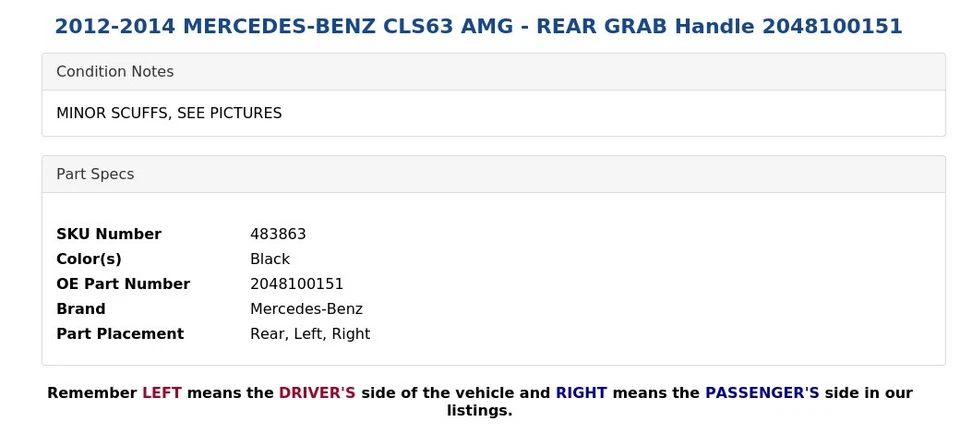 Mercedes-Benz CLS63 AMG 2012-2014 - Manija de agarre trasero 2048100151 Foto 4 de 4