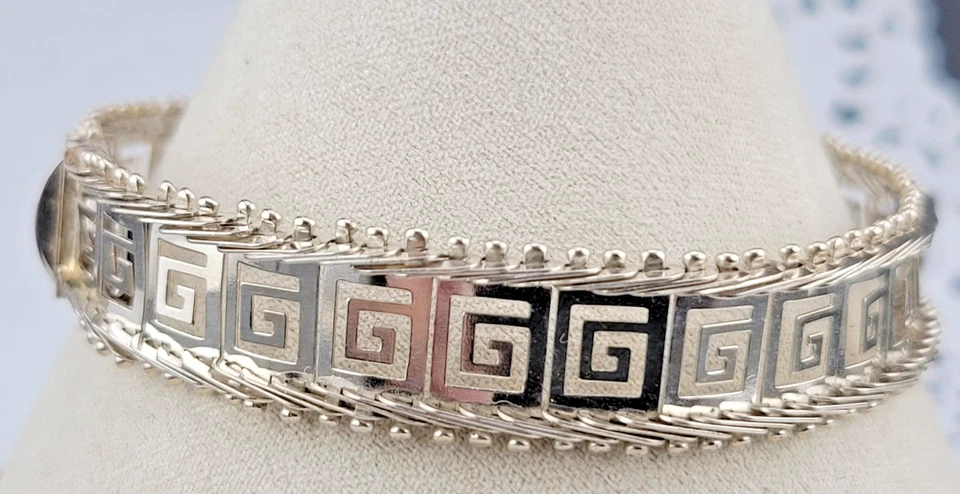 Vintage 12mm Wide Sterling Silver Greek Key Panel Tank Chain Bracelet 7.5" - Image 2 of 4