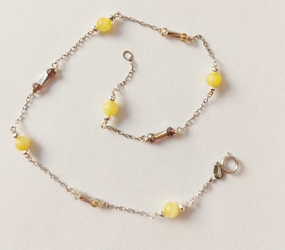 925 Silber Fußkettchen mit 5mm gelber Jade, Hämatit und Zirkonia 