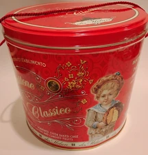 Large EMPTY Red deMilan PANETTONE CAKE TIN Storage EMPTY 7" high