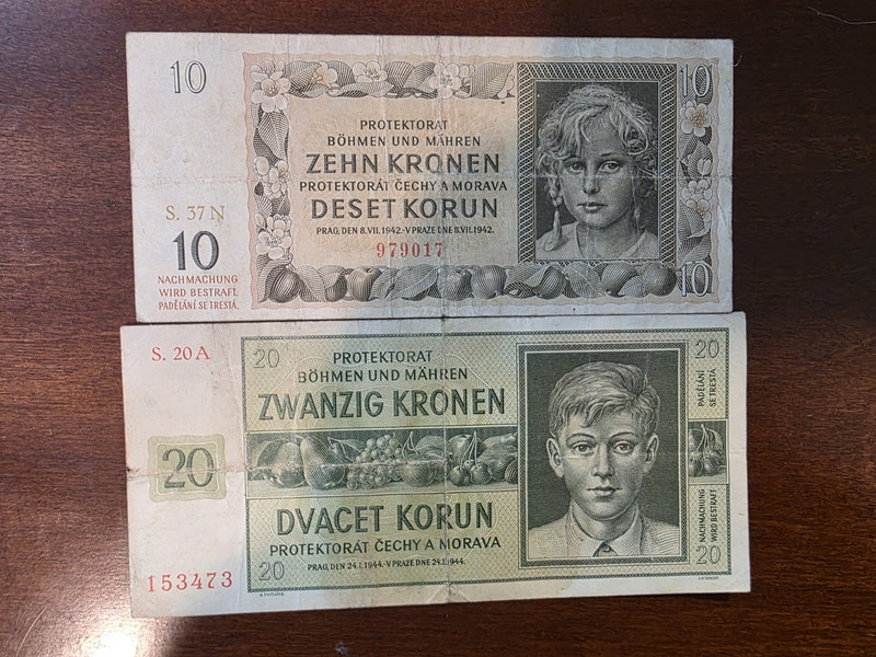 1942 & 1944 Bohemia Bohmen Und Mahren Moravia Kronen WW2 Banknotes