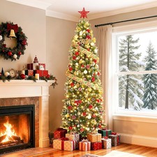 7.5FT Christmas Tree Artificial Snow Pre-lit LED Lights w/Metal Stand Pine Cones