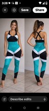 Women's Black White Teal Geometric Print Strappy Dance Unitard