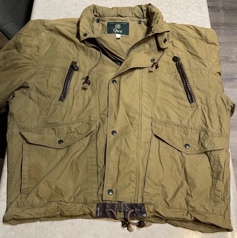 De Colección Chaqueta Orvis Para Hombres L Marrón Caza Campo Abrigo Con Capucha Forrado Exterior Cuero Foto 4 de 4