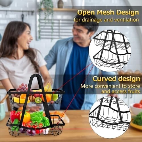 2 Tier Fruit Basket with 4 Banana Hangers, Improved Fruit Bowl for Kitchen Count - Picture 1 of 4
