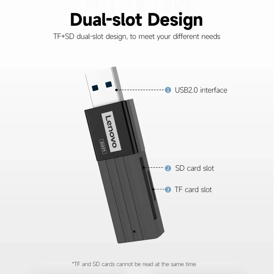 Original Lenovo D221 USB2.0 SD TF 2-in-1 Portable Card Reader For PC/Laptop/OTG - Image 2 of 4