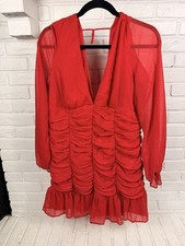 ASOS Red Ruched Mini Dress Sheer Long Sleeve Plunge Ruffle Party Cocktail