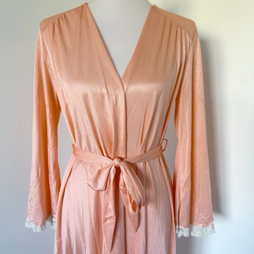 Vtg Lace Trim Robe Womens L Long Sleeve Nylon Elegant Lingerie Orange Coral Belt - Image 4 of 4