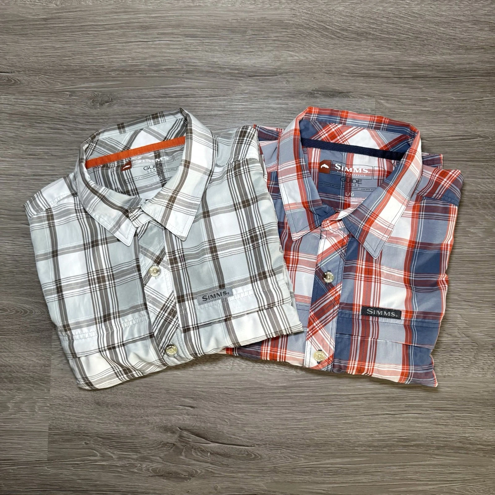Simms Guide Fishing Shirt L Blue Red Gray Plaid Vented Hiking Outdoor Lot of 2