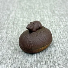 Incense Container Case Mouse Rat 2.2in Vintage Japanese Sculpture Bizen Kogo Box