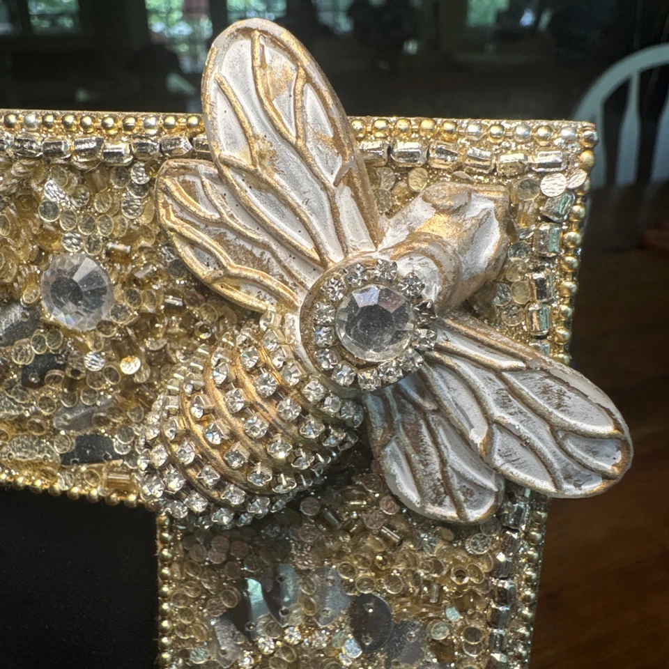 PRECIOSO Marco de Fotos Perlas Lentejuelas Cuentas Doradas con Adorno de Abeja 4x6 Foto 4 de 4