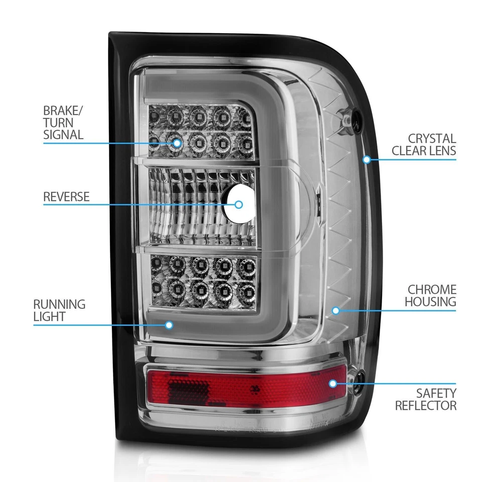 2001-2011 FORD RANGER C-BAR LED TAIL LIGHTS LEFT RIGHT LAMPS ASSEMBLY CHROME - Image 4 of 4