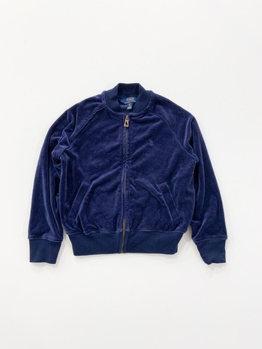 POLO RALPH LAUREN Velvet Velour Jacket Navy Blue Small 7 Sweater Baseball Bomber - Picture 2 of 7