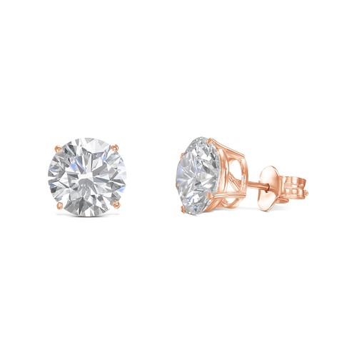 Pair of round-cut lab-created diamond stud earrings with VVS1 clarity, set in rose gold-tone metal prongs.