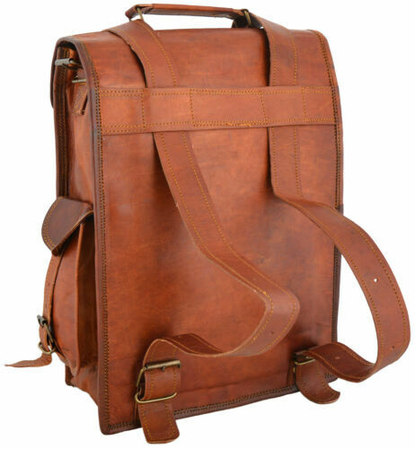 Hiking Laptop Messenger Backpack Bag Heavy Duty Genuine Pure Goat Leather Large - Picture 2 of 3