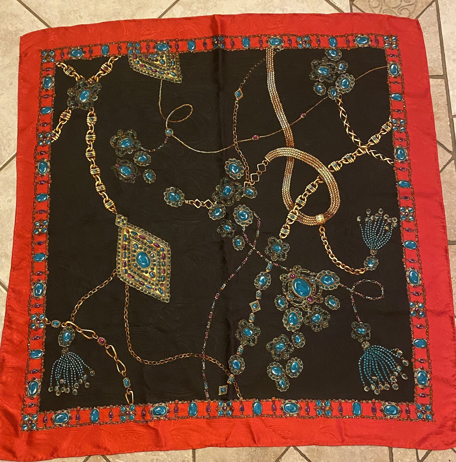 Red Black Gold Chains Jewels Tassels Scarf Silk Hand Rolled Hems 31”