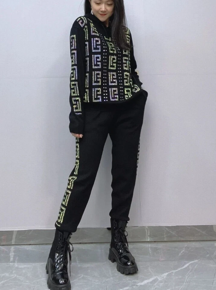 Nuevo conjunto de 2 piezas de chándal tejido con diamantes de imitación de lujo para mujer Foto 3 de 4