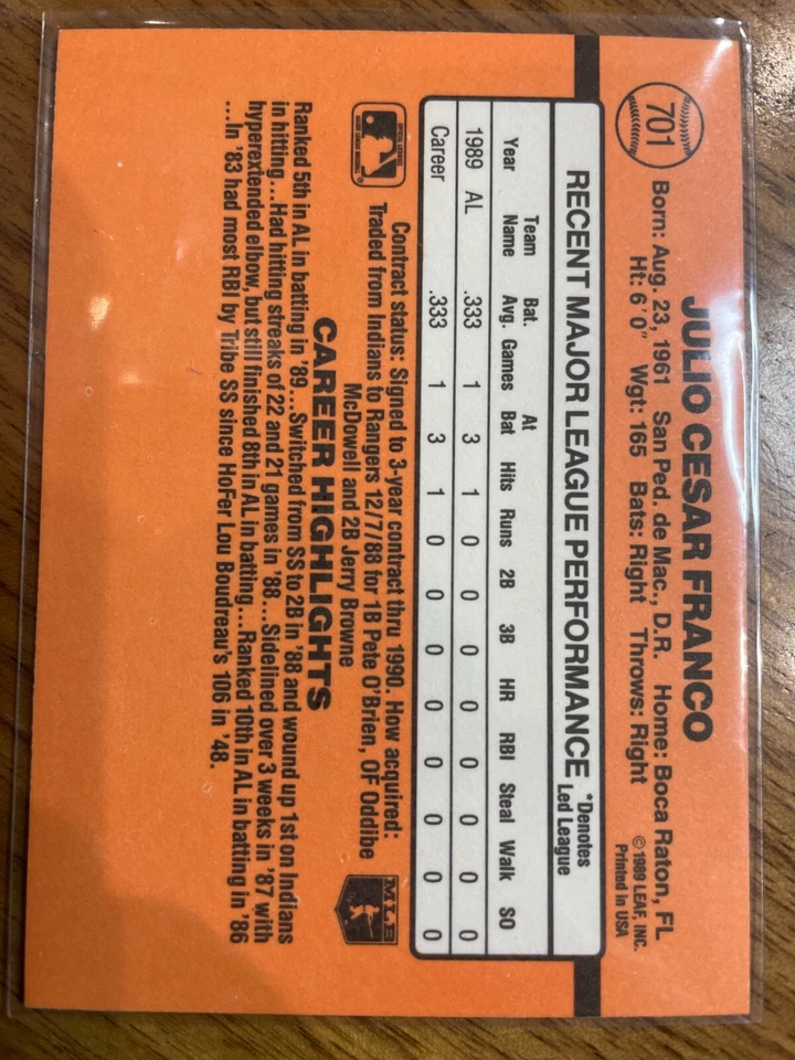 Julio Franco 1990 DONRUSS #701-TRIPLE-ERROR: espalda equivocada, año equivocado, falta TM Foto 2 de 2