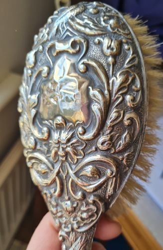 Large Antique Art Nouveau Sterling Silver Brush - Green Man & Birds - Picture 4 of 24