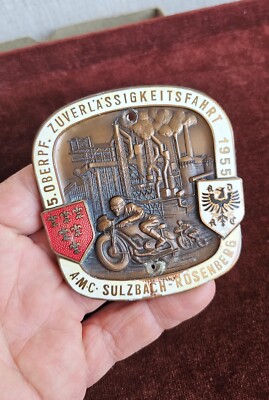 VINTAGE ENAMEL CAR / MOTORCYCLE BADGE # ADAC RALLY OBERPFALZ 1955 AMC SULZBACH