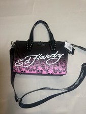 ED HARDY Black w/Pink Skulls Logo Tote Crossbody Bag Tattoo Y2K  NWT