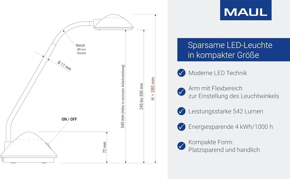 Schreibtischlampe LED Lampe Tischlampe Standfuß MAULarc 3000K 542lm 29x13,5x38cm - Bild 3 von 4