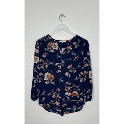fun 2 fun Stitch Fix Kenmore Navy Blue Floral V-Neck 3/4 Sleeve Top Size S