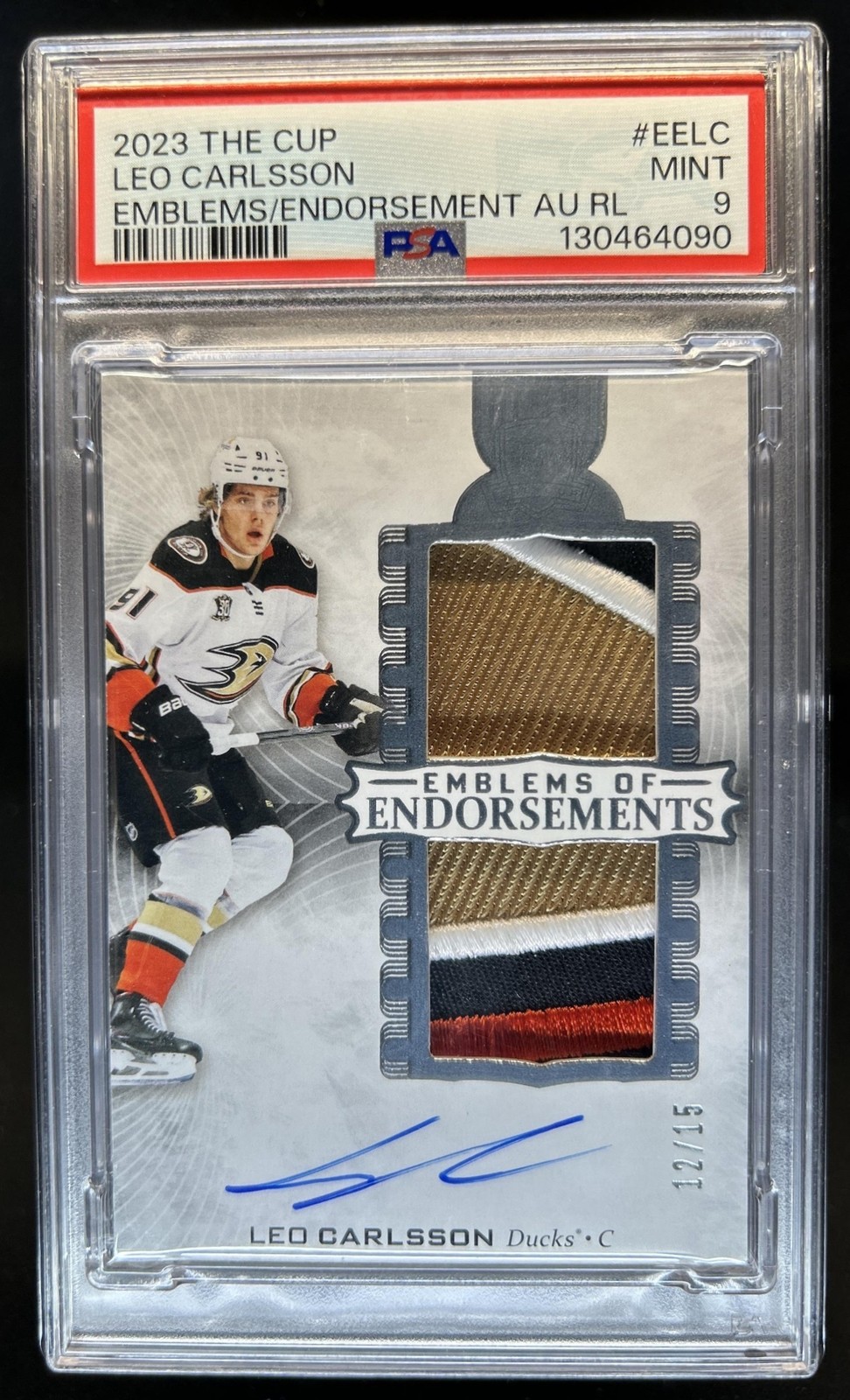 2023-24 The Cup Leo Carlsson Emblems of Endorsements Rookie Patch Auto /15 PSA 9