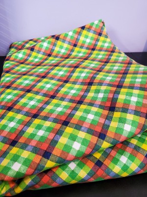Vintage Sewing Fabric Green Orange Yellow Squares Lines Tartan MCM 111x42.5'' Den