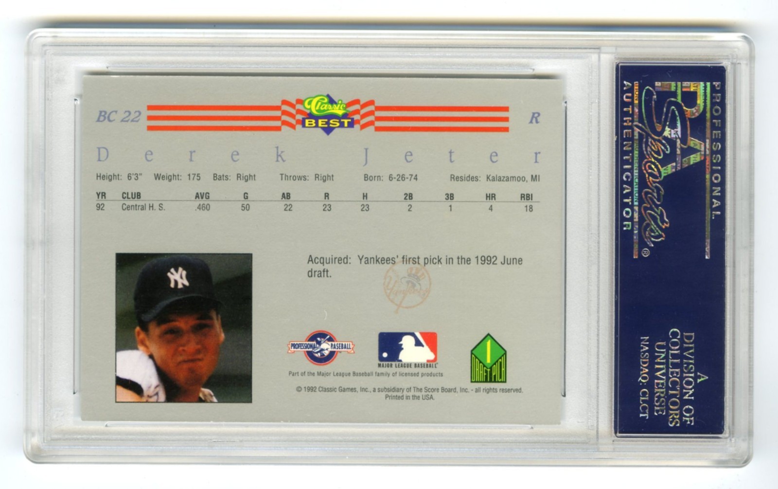 DEREK JETER~1992 CLASSIC BEST BLUE BONUS PSA-9 MINT MINORS ROOKIE RC CARD #BC-22 view 2