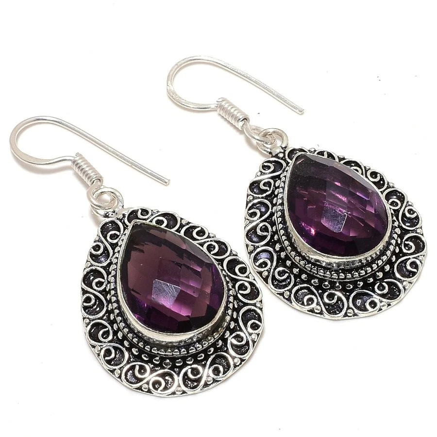 Amethyst Gemstone 925 Sterling Silver Earring 1.8" g145 - Image 3 of 4