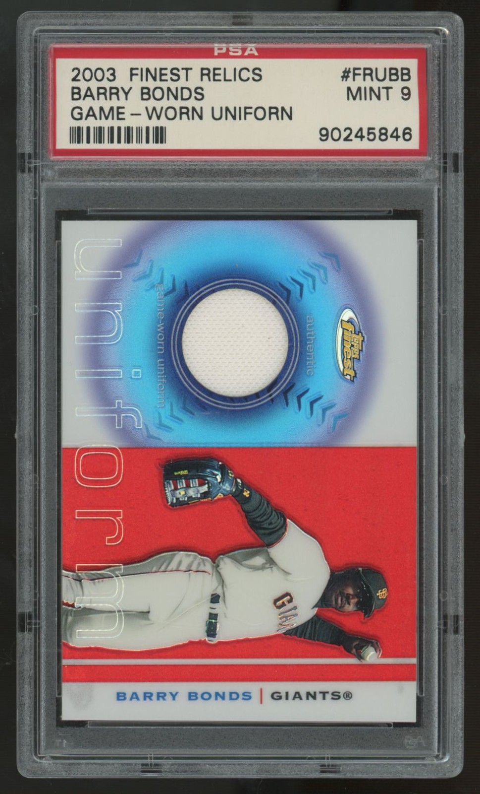 2003 Topps Finest Barry Bonds Authentic Game Worn Patch #FRU-BB PSA 9 view 1