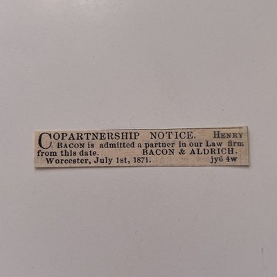 Copartnership Notice Henry Bacon 1871 Worcester MA Clipping TAJ8-S85