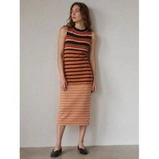 Marni x Uniqlo Women Knit Dress Medium Brown Orange Stripe Midi Artsy Retro Mod