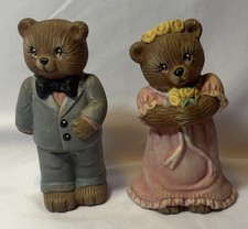 Vintage Teddy Bear Bride Groom Wedding Figurines Ceramic Pink Dress Tux Set