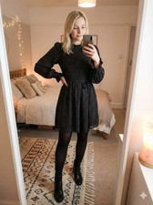 BNWT Miss Selfridge Black Polka Dot Smocked Mini Dress UK 10 Puff Sleeve New