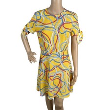 Mango MNG Yellow Rope Print Abstract Nautical Tie Sleeve A-line Mini Dress SZ M