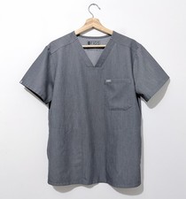 FIGS Chise Three Pocket Scrub Top Mens S Heather Gray Short Sleeve V Neck Logo