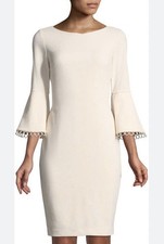 Calvin Klein Size 4 Women Eyelet Lace Trim Bell Sleeve Crepe Sheath Dress Blush