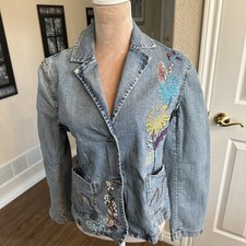 Womens Size 8 Embroidered Denim Jacket Floral Beaded Jean Blazer Boho Unique