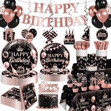 177Pcs Rose Gold and Black Birthday Decorations Tableware Set, 20 Serves