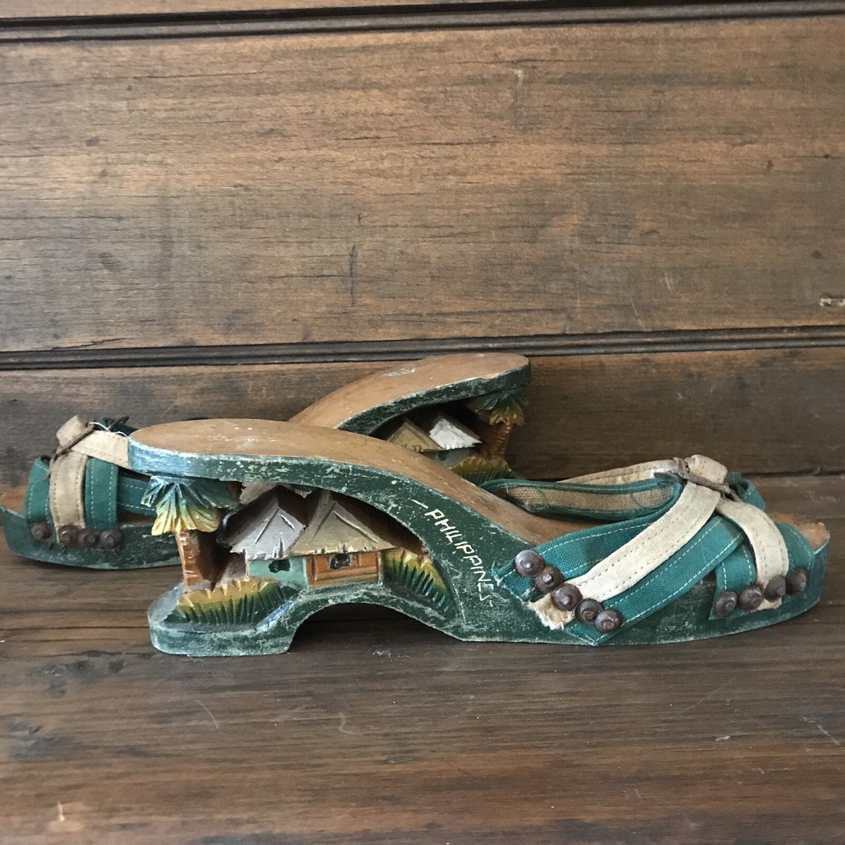 Vintage 1940'S Hand Carved Wood Sandals Wedged Shoes Philippines