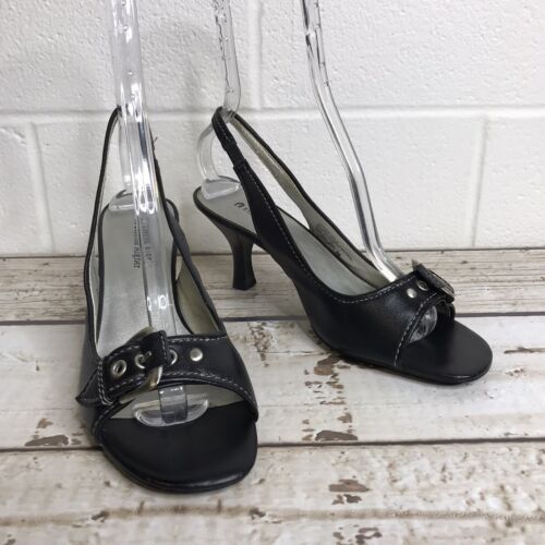Etienne Aigner Womens Happy Black Leather Slingback Heels Peep Toe Buckle Size 9