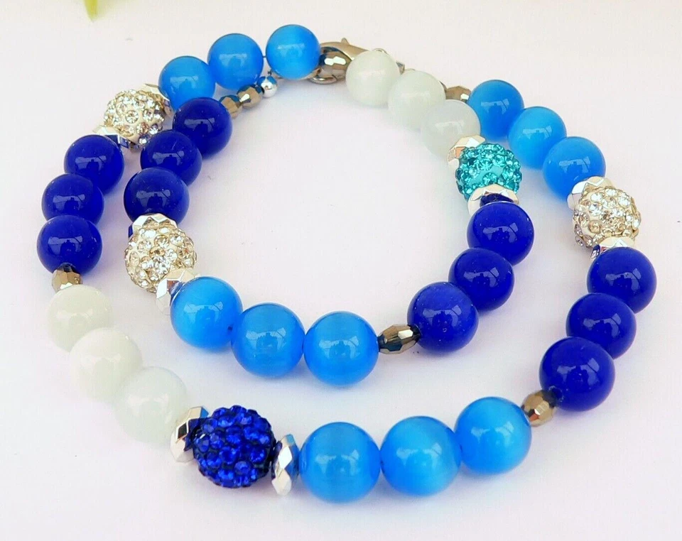 Halskette Glas Perle Cat Eye  Blautöne blau türkis weiß Strass 114b - Bild 3 von 4