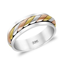 Everyday Single Braid Tri Color Tone Sterling Silver Band Ring-7