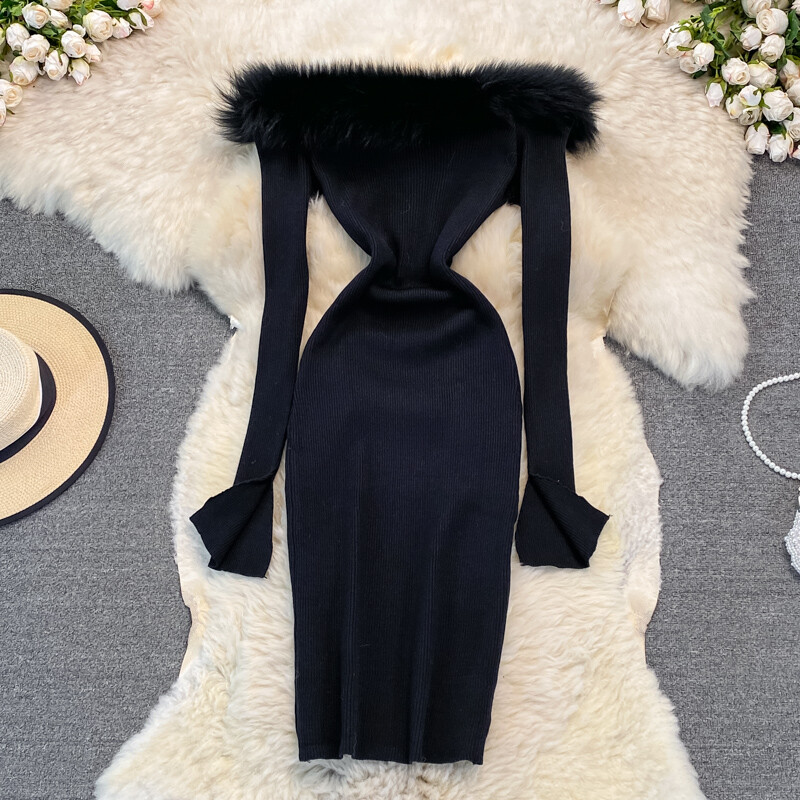 Lady Midi Knitted Dress Faux Fur Off-shoulder Bodycon Long Sleeve