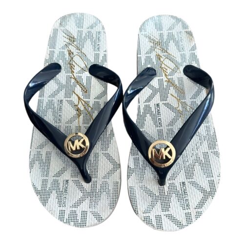 Michael Kors Womens Jet Set Flip Flops Sandals Shoes Navy Blue Logo Flats 6 - Picture 1 of 5