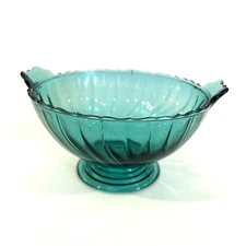 Vintage Jeanette Glass Footed Bowl Ultramarine Swirl Depression Teal Green