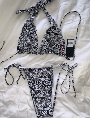 NWT ED HARDY SNOW TIGER WHITE BRAZILIAN CUT BIKINI SET 2 PIECES SWIMSUIT S