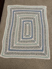 Handmade Crochet Afghan Throw Blanket Blue Mint Cream 55x44 Openwork EUC